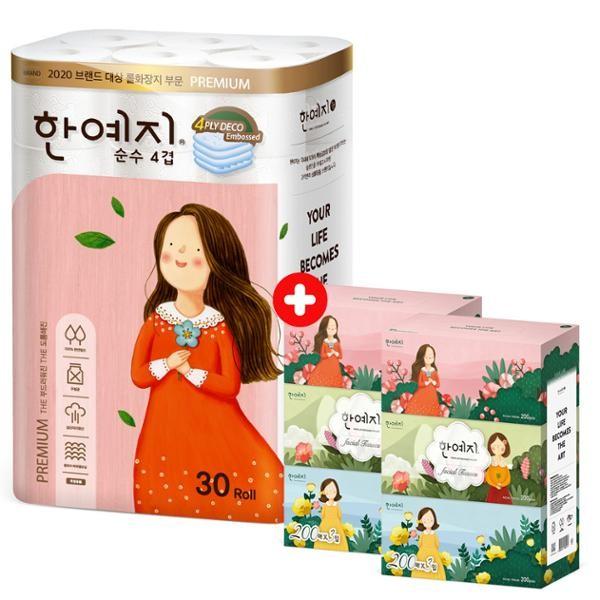 롤앤티슈 4겹순수 30롤1팩+캐릭터 미용티슈 200매6입