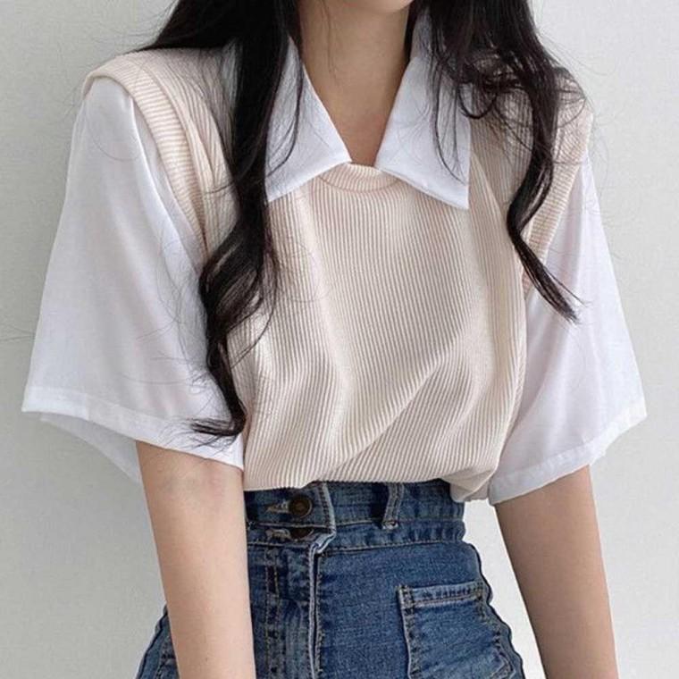대학생 여름 반팔 카라 티셔츠 페이크 니트 레이어드