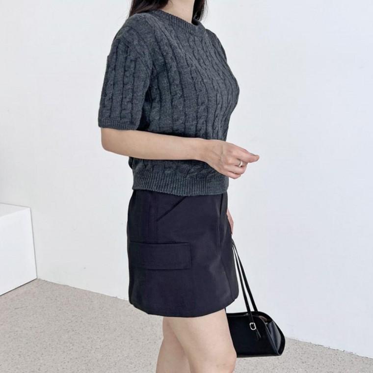여성 2컬러 로렌 꽈배기 패턴 데일리 반팔 니트스웨터