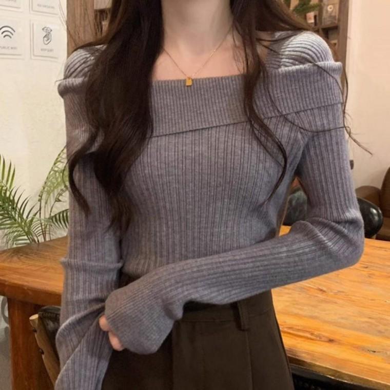 모던 베이직 여성스러운 스퀘어넥 오프숄더 골지 니트