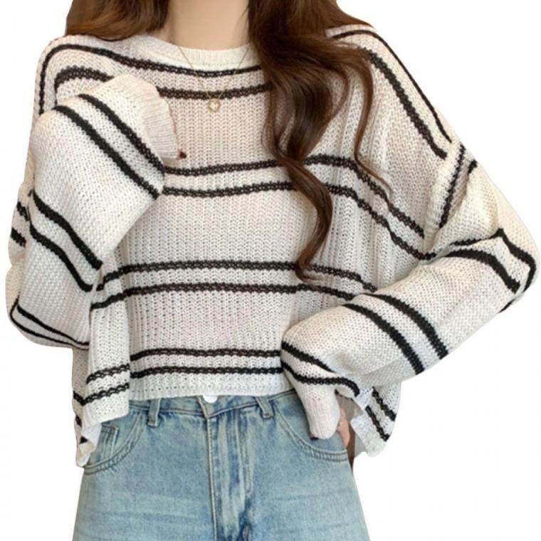 여자 크롭 니트티 데일리 시스루 줄무늬 긴팔 티셔츠