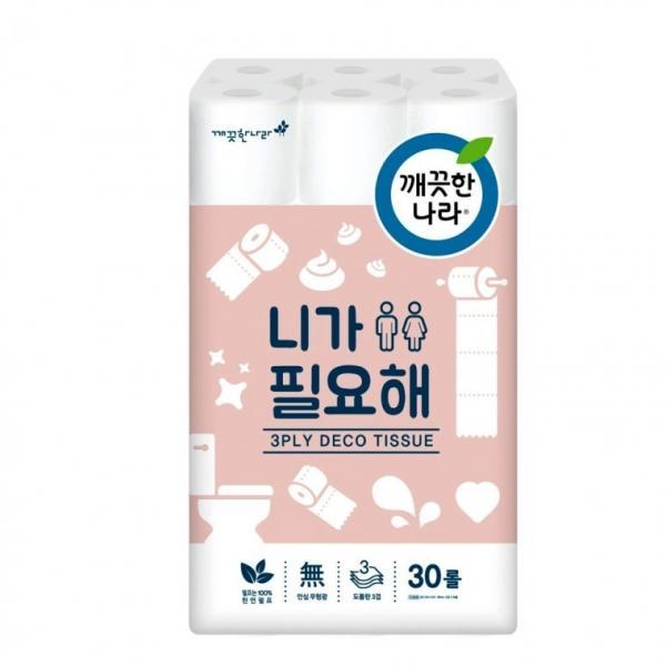 깨끗한나라 니가필요해 화장지 30롤 펄프 휴지 두루마리 무형광 무색 무향