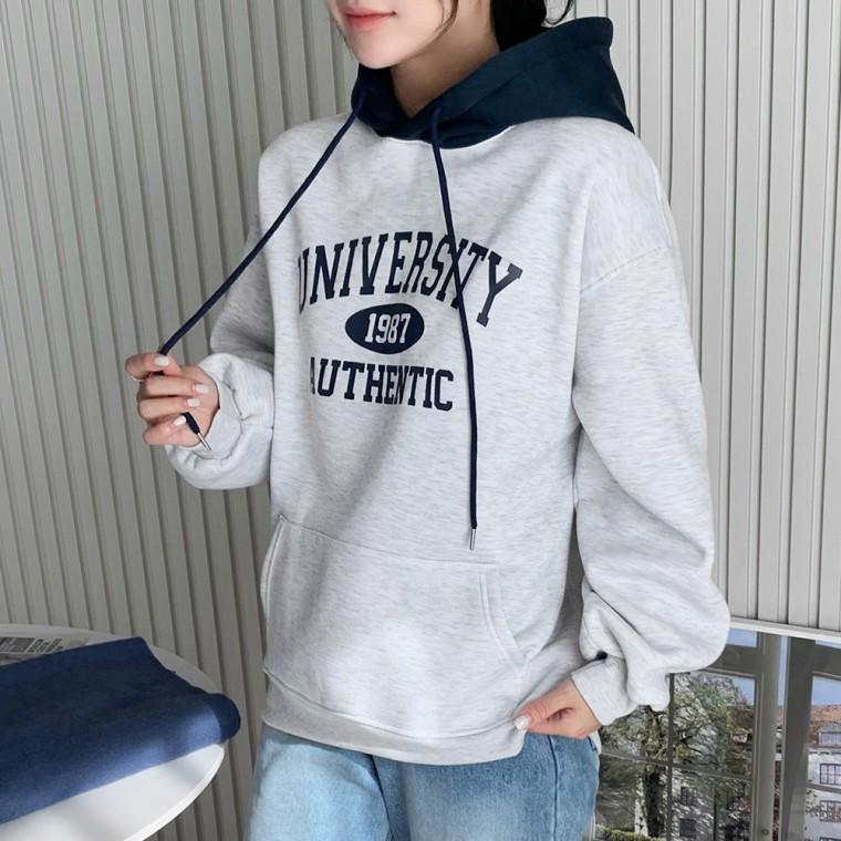 여성 후드 배색 캐주얼 프린팅 기모 후드티