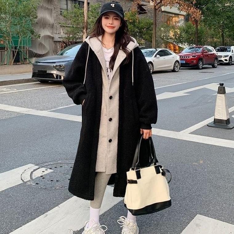 여성 페이크 레이어드 후드 뽀글이 자켓