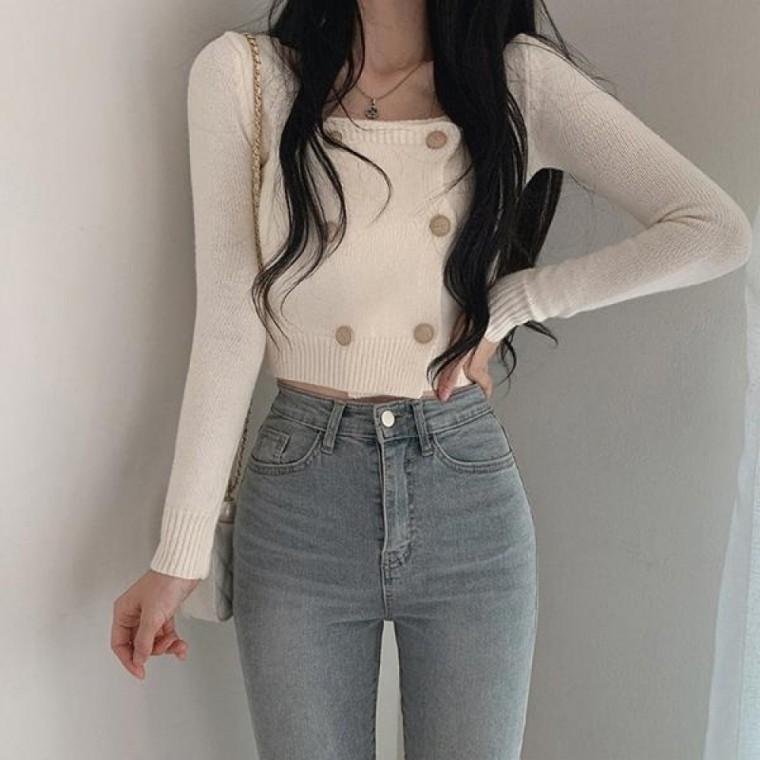 데일리 여성 크롭 긴팔 루즈핏 단추 니트