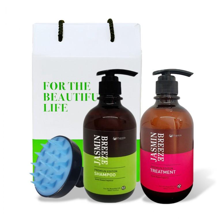 모링가 자스민 샴푸 500ml+트리트먼트500ml+두피 폼 브러쉬 3종 헤어선물세트