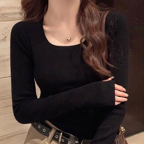 여자 깊은 U넥 소프트 겨울 썸홀 긴팔 티셔츠