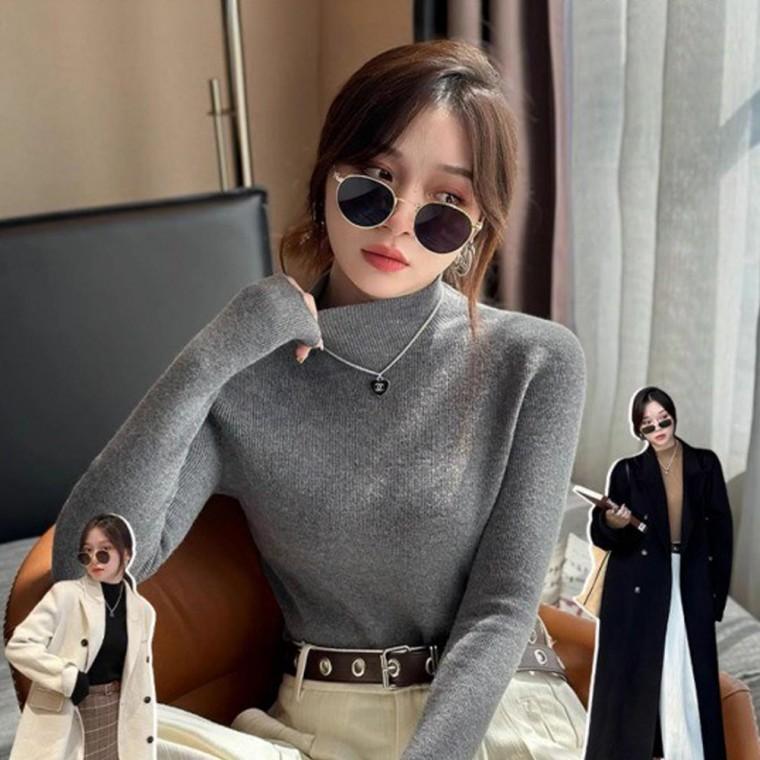 여성 하프 터틀넥 데일리 골지 긴팔 티셔츠