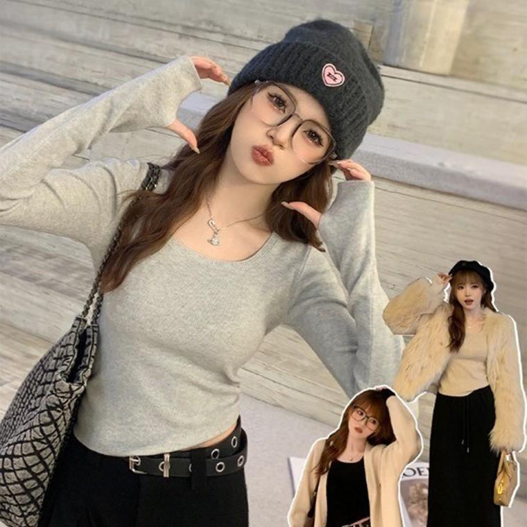 여성 U넥 비스코스 핑거홀 긴팔 티셔츠