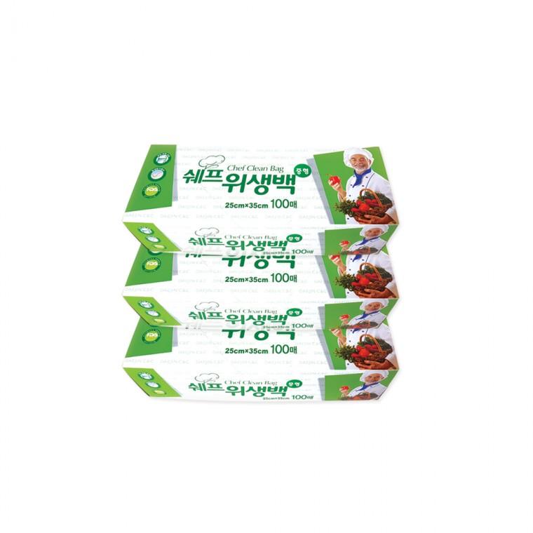 쉐프 위생백 100매 (중형 25x35cm)-3개 일회용비닐팩 위생봉투