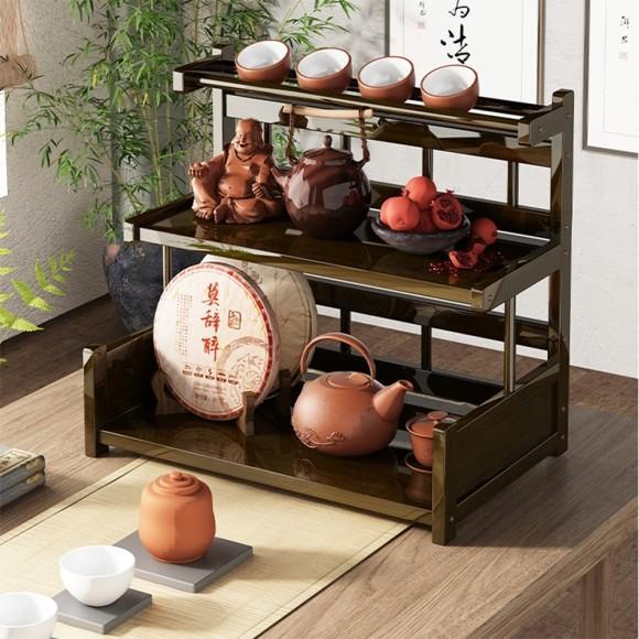 주방용 대나무 3단 그릇장 다기 진열장 다용도 선반 진열대 60cm 월넛