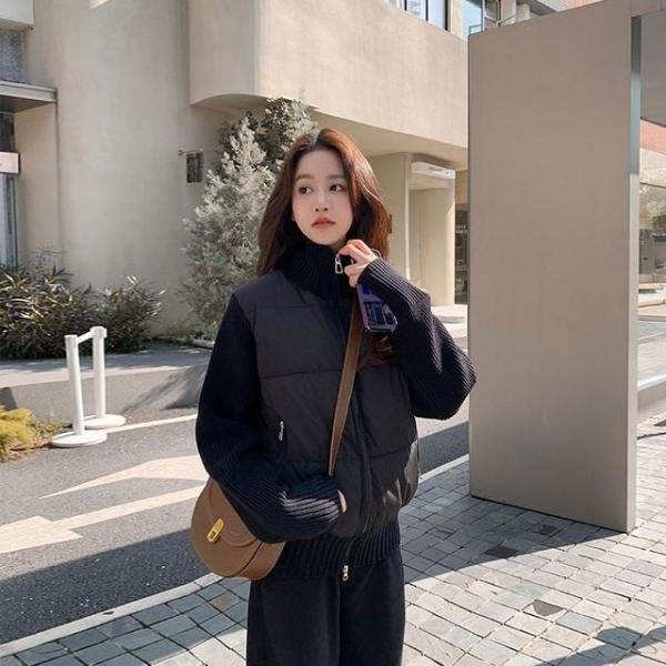 여성 니트배색 패딩 베스트 브라운 데일리 아우터