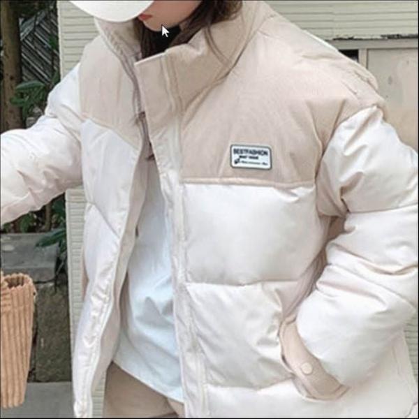 여성 숏패딩 점퍼 겨울 골덴 배색 학생 하프넥 집업 아우터 4색
