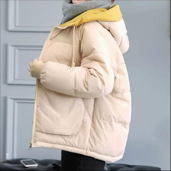 여성 겨울 배색 후드 숏패딩 캐주얼 점퍼 아우터