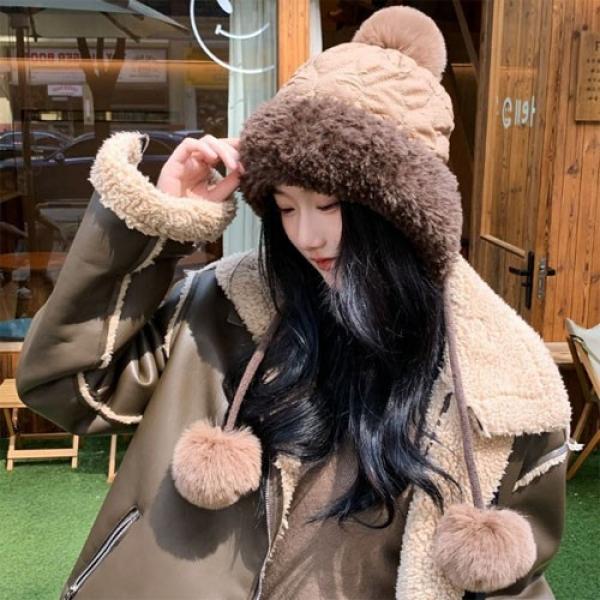 은창]퀼팅 패딩 엣지 퍼 방울 모자 털모자 보온 가을 겨울 여성 여성 벙거지 방한 모자 히트 선물 단