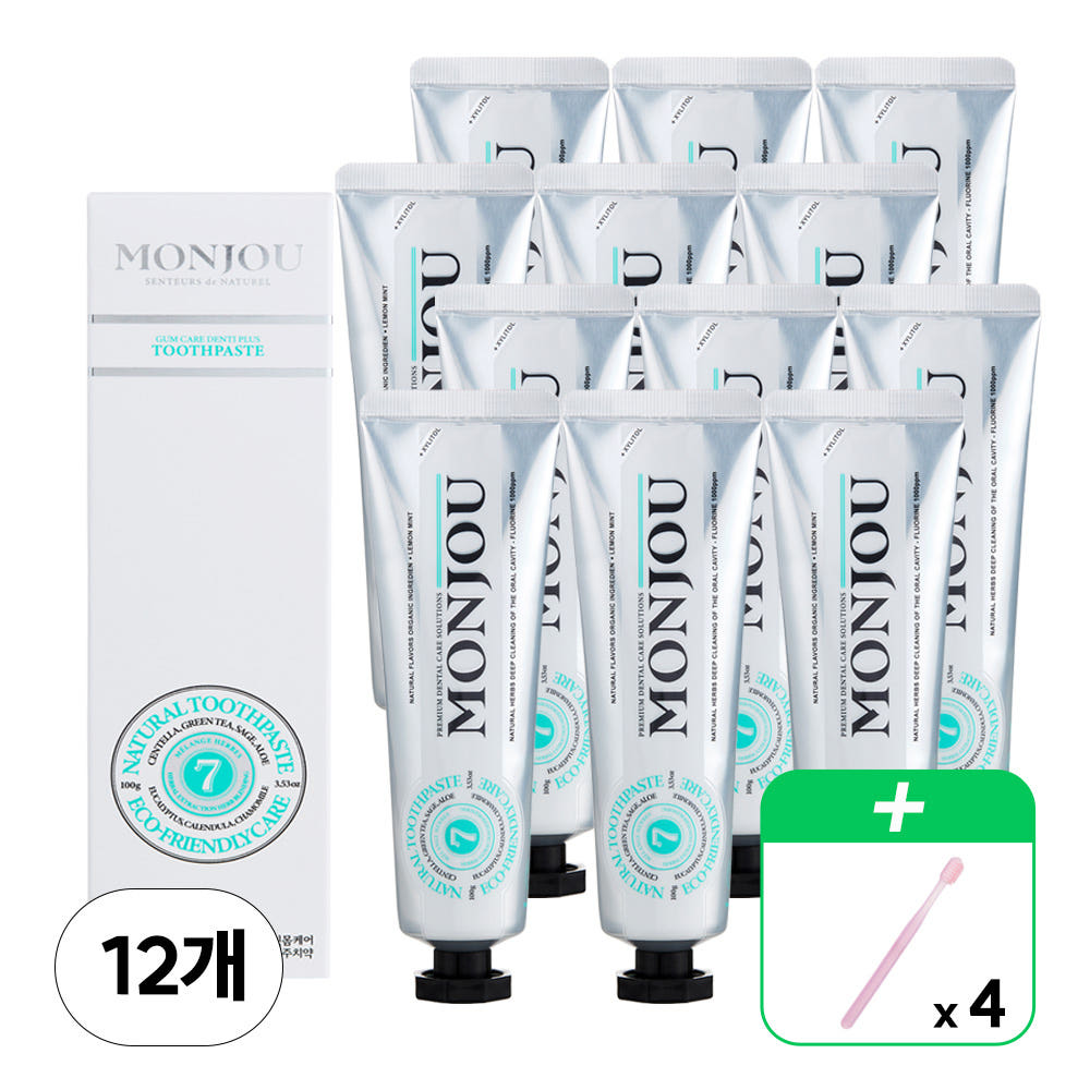 ★치약칫솔세트★ [몽주] 잇몸케어 덴티 플러스 치약 100g x 12개+부드러운 이중 미세모 칫솔 4개 (색상랜덤발송)
