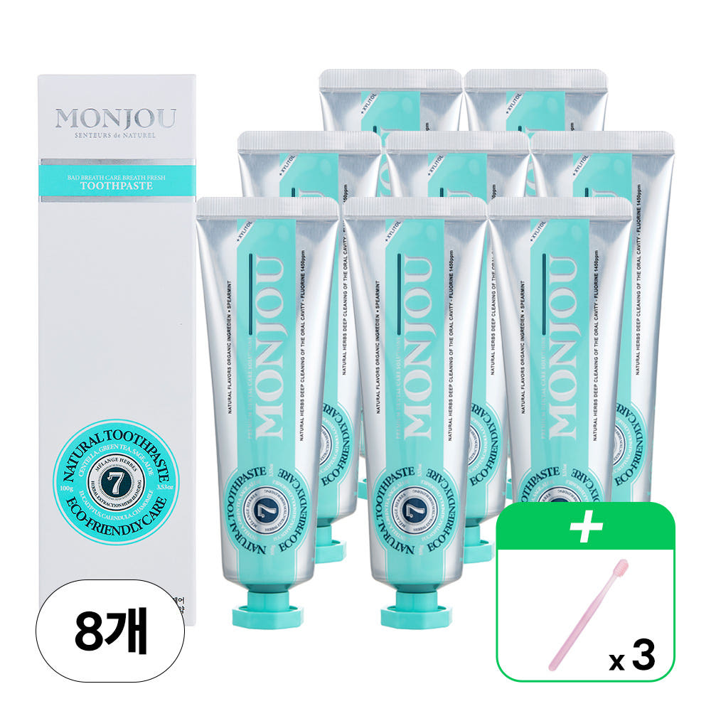 ★치약칫솔세트★ [몽주] 구취케어 브레스 프레쉬 치약 100g x 8개 + 부드러운 이중 미세모 칫솔 3개 (색상랜덤발송)