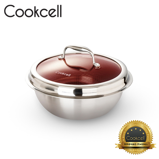 [Cookcell] 쿡셀 통3중 싱글 코팅 IH 가마솥 22cm 레드 + 유리뚜껑 / 품번 : 01090