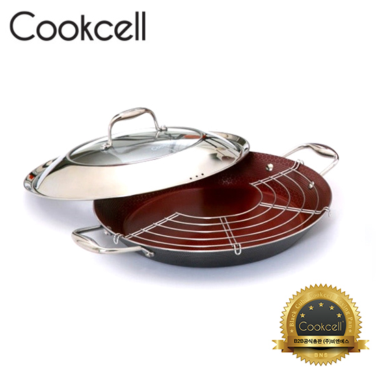[Cookcell] 쿡셀 통3중 더블 코팅 파에야팬 레드 36cm + 스테레이너 + 유리뚜껑 / 품번 : 03056