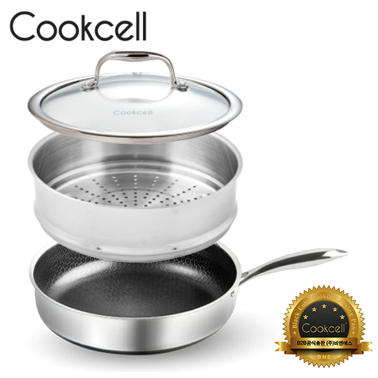 [Cookcell] 쿡셀 통3중 더블 세라믹 코팅 블랙에디션 IH 소테팬 28cm + 찜기 28cm + 유리뚜껑 28cm 3종 / 품번 : 03028+13502+12506