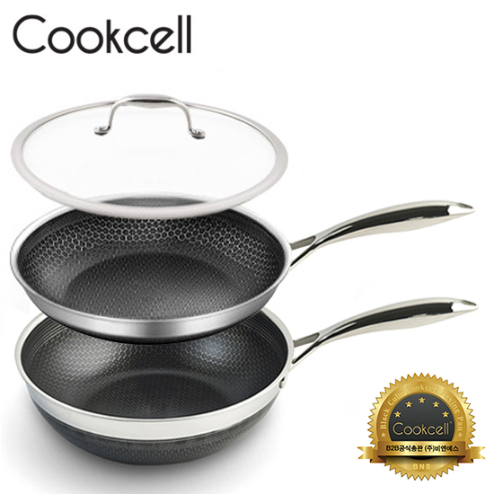 [Cookcell] 쿡셀 통3중 더블 세라믹 코팅 블랙에디션 IH 프라이팬 28cm + 궁중팬 28cm + 유리뚜껑 28cm 3종 / 품번 : 03004+03017+12506