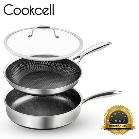 [Cookcell] 쿡셀 통3중 더블 세라믹 코팅 블랙에디션 IH 프라이팬 28cm + 소테팬 28cm + 유리뚜껑 28cm 3종 / 품번 : 03004+03028+12506