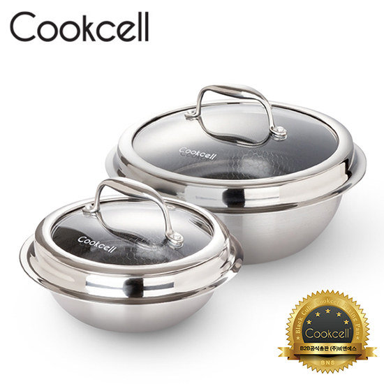[Cookcell] 쿡셀 통3중 싱글 코팅 IH 가마솥 2종 세트 / 16cm + 22cm + 유리뚜껑포함 2종세트 / 블랙에디션 / 품번 : 02000