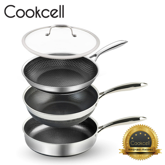 [Cookcell] 쿡셀 통3중 더블 세라믹 코팅 블랙에디션 IH 프라이팬 28cm + 궁증팬 28cm + 소테팬 28cm + 유리뚜껑 28cm 4종 / 품번 : 03004+03017+03028+12506