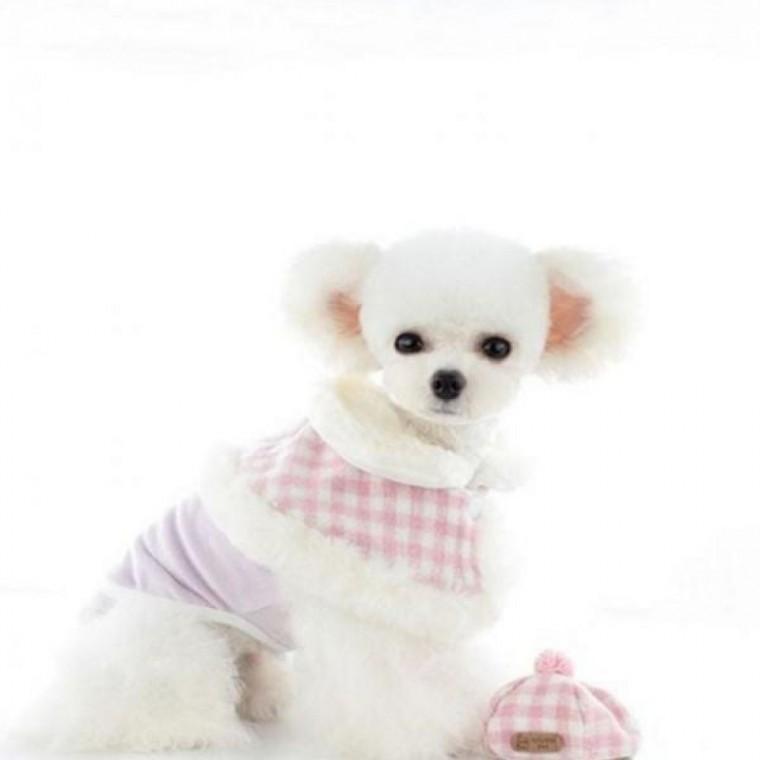 체크 강아지 망토 애견퍼 모자 망토 반려견 겨울 강아지