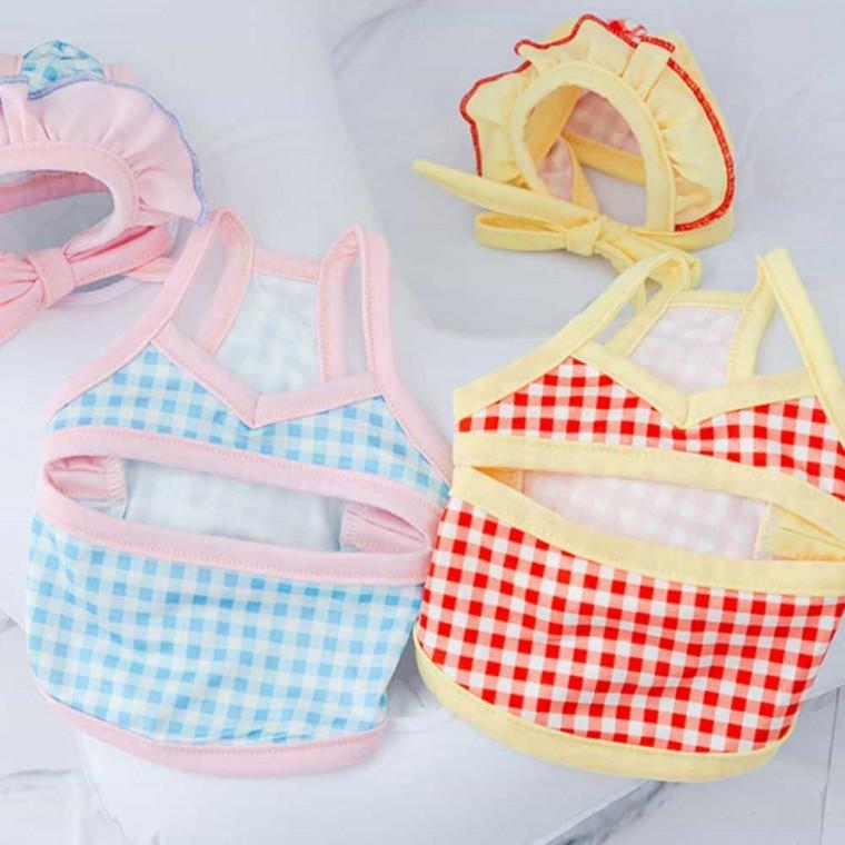 강아지모자 반려견옷 반려견모자 강아지 여름 수영복 비키니 모자 세트 휴가복