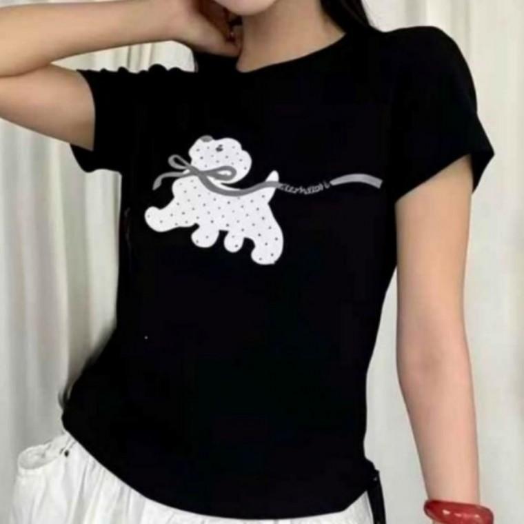 강아지 리본 프린팅 크롭 반팔 여성 슬림핏 숏 티셔츠