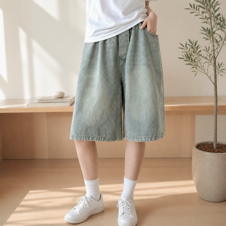 여성 데님 와이드 숏팬츠 2컬러 워싱 청바지 밴딩 반바지 코디룩