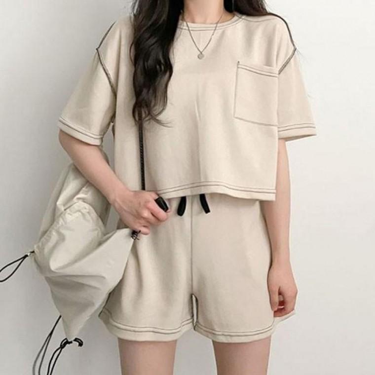 여성 반팔 반바지 스티치 디자인 여름 셋업 LK-SS34