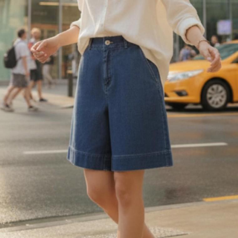 여성 5부 쿨 청 반바지 뒷밴딩 버뮤다 데님 팬츠