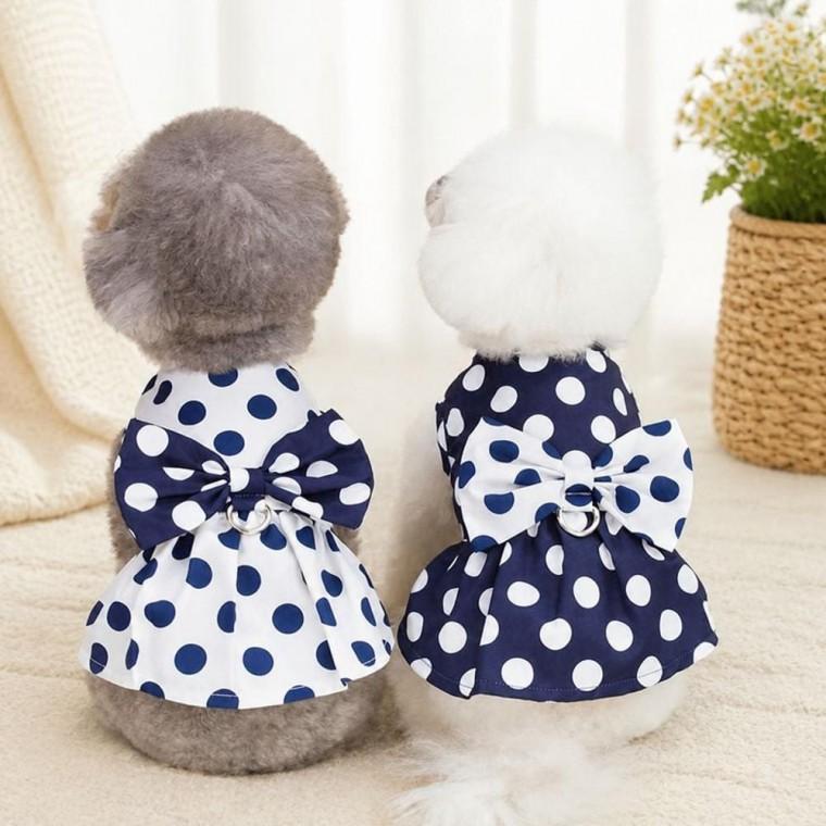 강아지 원피스 도트 리본 치마 네이비 화이트 반려동물 의류