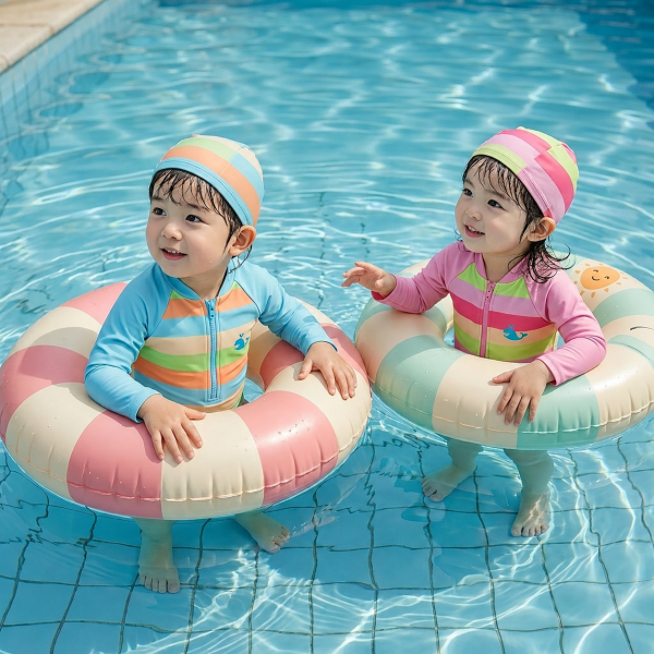 레인보우 집업수영복 수영모 세트
