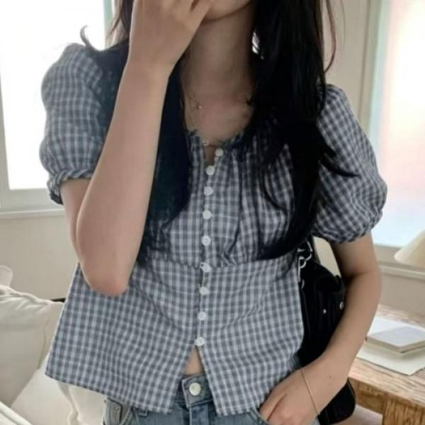 체크 퍼프 반팔 스퀘어넥 크롭 블라우스