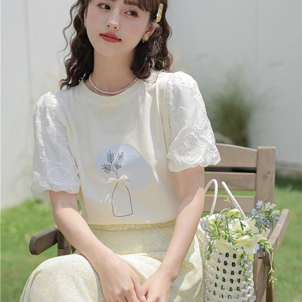 여성 2컬러 플라워 리본 레이스 반팔 티셔츠 SSH-236