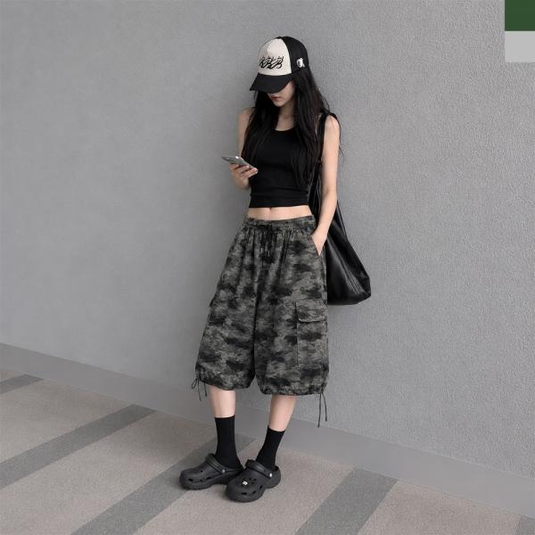AGG 1015W 여자 카모 밀리터리 스트링 카고 버뮤다 밴딩 팬츠