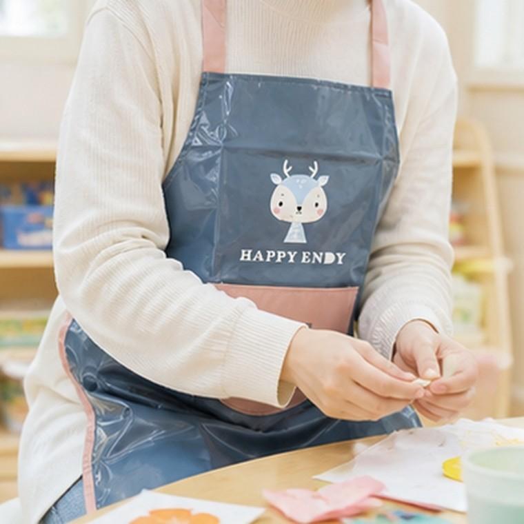 아동 방수 앞치마 아기사슴 프린트 앞주머니 어린이집 유치원 미술용