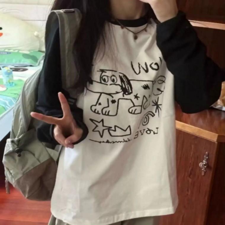 티셔츠 긴팔 강아지 배색 루즈핏 프린팅 티 나그랑