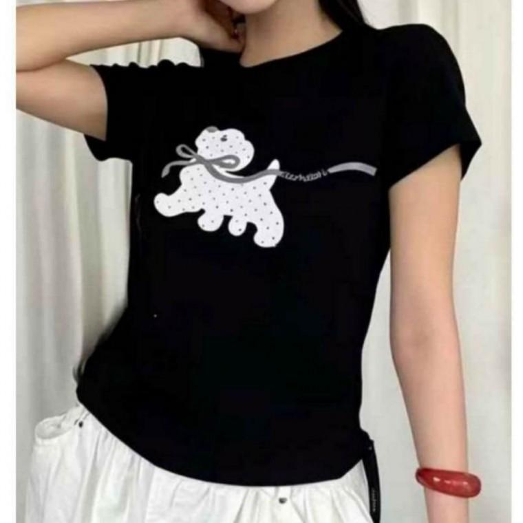 강아지 퍼피 프린팅 여성 크롭 반팔 티셔츠 슬림핏