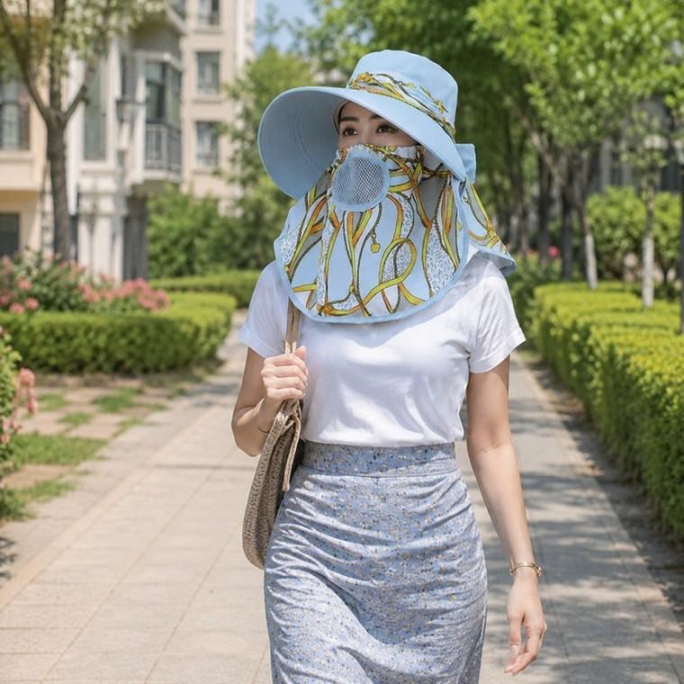 여성 파스텔톤 썬캡 얼굴가리개 넓은 챙 메쉬 조절끈 산책용 여름모자