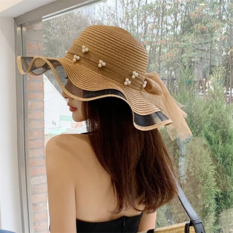 진주 리본 해변모자 브라운 서핑모자 여성여름모자 여행용모자