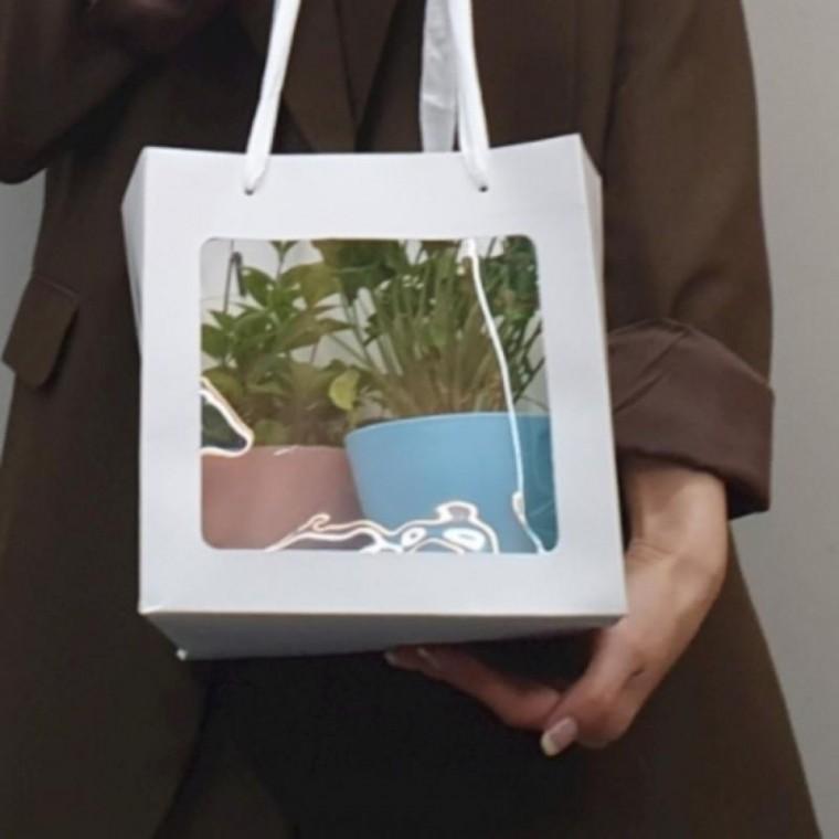 1개 대형 정사각 투명창 윈도우 쇼핑백 종이 가방 포장 가방 화분 꽃 답례품 종이백