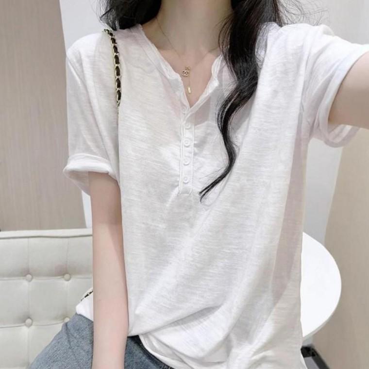 티셔츠 여성 헨리넥 여리핏 일상 반팔 베이직 미니멀 무지티