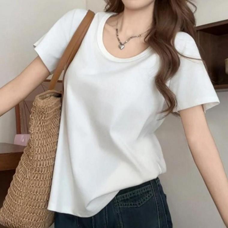 티셔츠 루즈핏 넥 무지 베이직 반팔 상의 미니멀 무지티