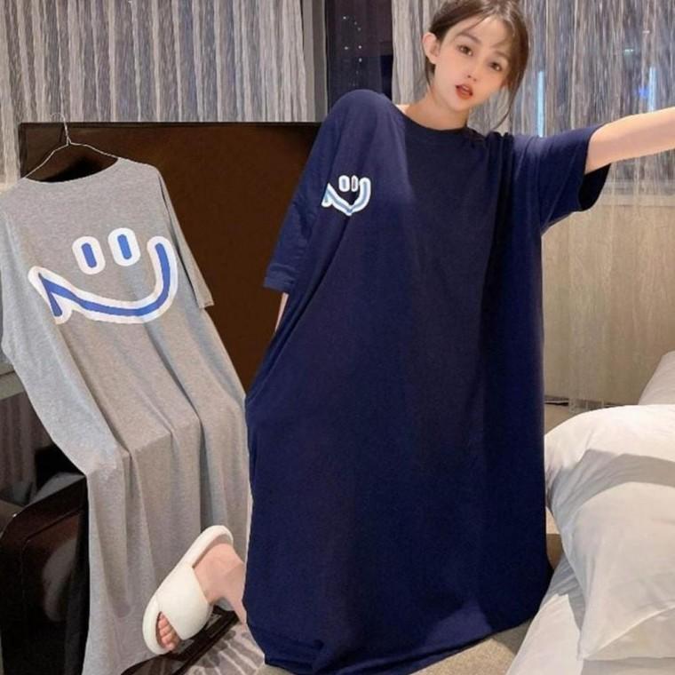 빅 스마일 여자 포인트 반소매 원피스 미니 여성 캐주얼 롱 여유핏 데일리 미니원피스 루즈핏원피스