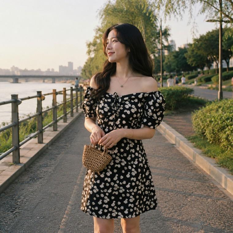 플라워 오프숄더 미니원피스 여리핏 퍼프소매 여성원피스 데이트룩 카페룩