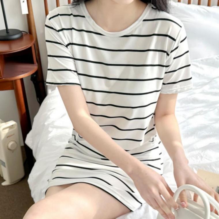 여자 캐주얼 스트라이프 미니 원피스 단가라 반팔 면 드레스 홈웨어 데일리룩